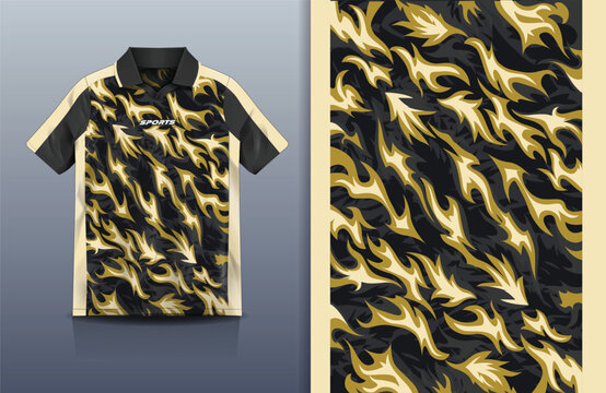 Jersey Sport Streetwear Design Abstract Flame Feather Pattern Gold Black Cream Polo Collar Sublimation Fashion