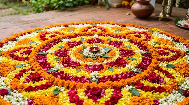 Colorful onam floral rangoli design with marigolds and rice flour, traditional kerala festival floor art for cultural celebrations and home decor, perfect for onam