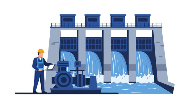 Hydroelectric Dam Power Plant with Engineer Monitoring Energy Production, Renewable Green Energy Concept Flat Vector Illustration