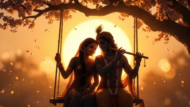 Radha Krishna on Golden Swing &ndash; Divine Love Sunset Silhouette