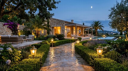 Fototapeta premium Luxury villa estate with illuminated garden pool and outdoor seating area