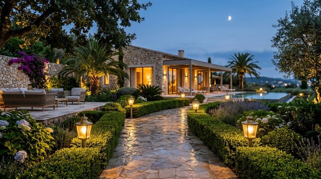Luxury villa estate with illuminated garden pool and outdoor seating area