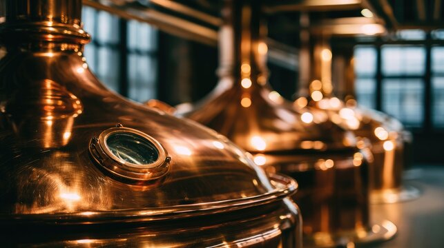 Gleaming copper vats in a row, industrial setting, warm light