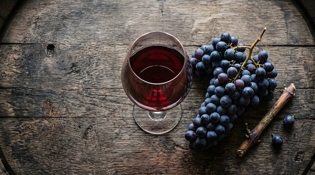 Glass of red wine with fresh grapes on rustic wooden table, dark burgundy pinot noir drink for elegant dinner or celebration, perfect for pinot noir day
