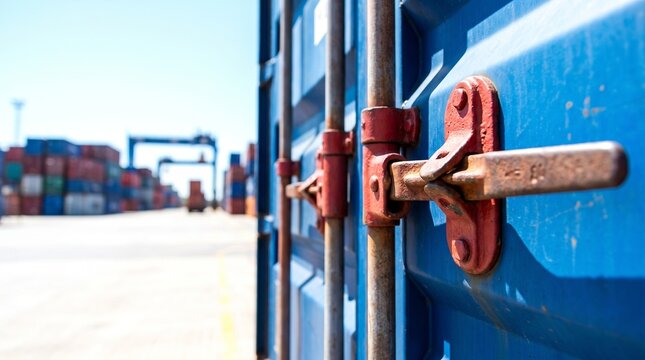 Close up of a blue metal shipping container door lock at a busy cargo port terminal in the sunshine