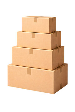 Stack of four cardboard shipping boxes on png transparent