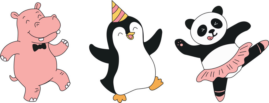 Adorable hand drawn cartoon characters set including dancing hippo, party penguin, and cute panda ballerina for kid's party design