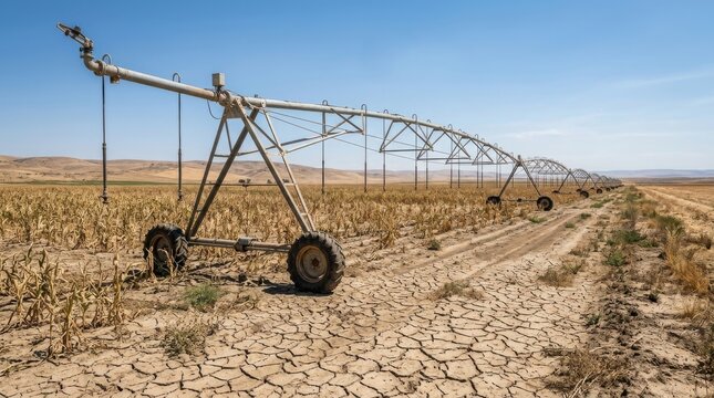 El Ni&ntilde;o Parched land with irrigation system in dry cracked earth field