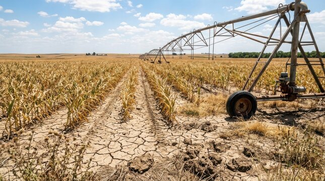 El Ni&ntilde;o Dry cornfield with irrigation system on a hot summer day during severe drought