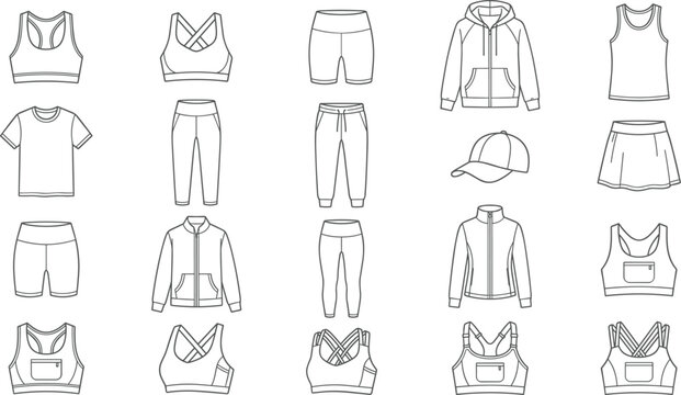Activewear and fitness apparel vector icon set featuring sports bras leggings hoodies shorts tshirts cap and skirt