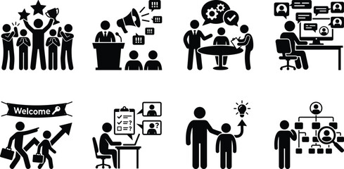 Obraz premium Business Leadership and Team Management Icon Set for Corporate Strategy Onboarding and Online Communication
