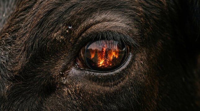 El Ni&ntilde;o Close-up of a bear's eye reflecting a burning forest