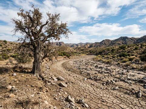 El Ni&ntilde;o arid landscape with dry cracked earth and tree under blue sky
