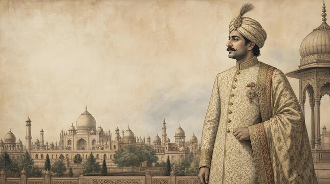 Royal Indian Groom Wearing Sherwani Turban Taj Mahal Engraving Banner