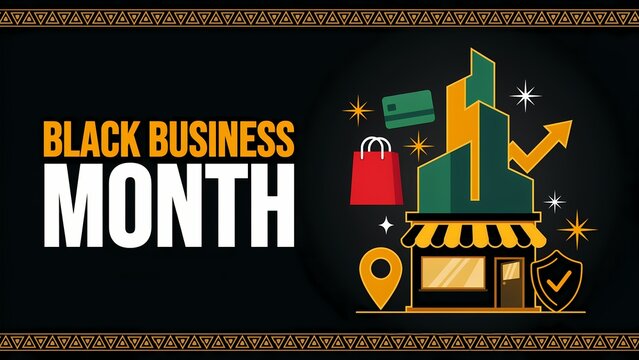 Black Business Month banner with store and skyscraper graphics design