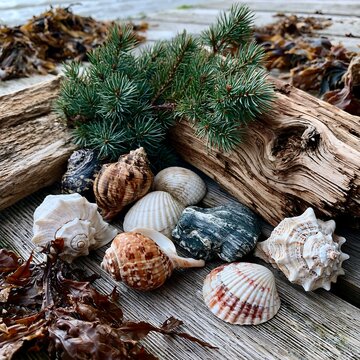 Natural elements, shells, and wood evoke beachcombing memories outdoors
