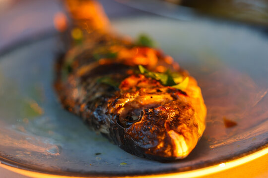 A close‑up of a perfectly grilled whole fish garnished with herbs on a plate, illuminated by warm sunset light, evoking Mediterranean dining and coastal cuisine.