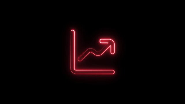 Neon upward growth arrow symbol glowing in dark. Bright red illuminated trend increase sign for business success and financial rise.