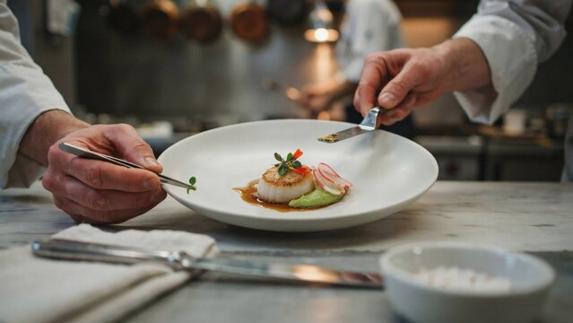 Professional chef plating gourmet seared scallop dish with precision culinary tools in restaurant kitchen