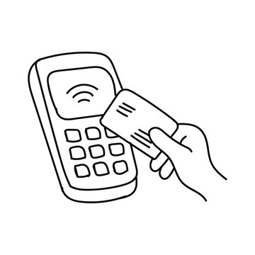 Hand-drawn illustration of contactless credit card payment on POS terminal