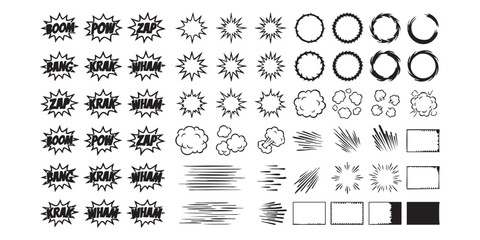 Set of comic book action sound effects and speed lines graphic design elements © Sharmin