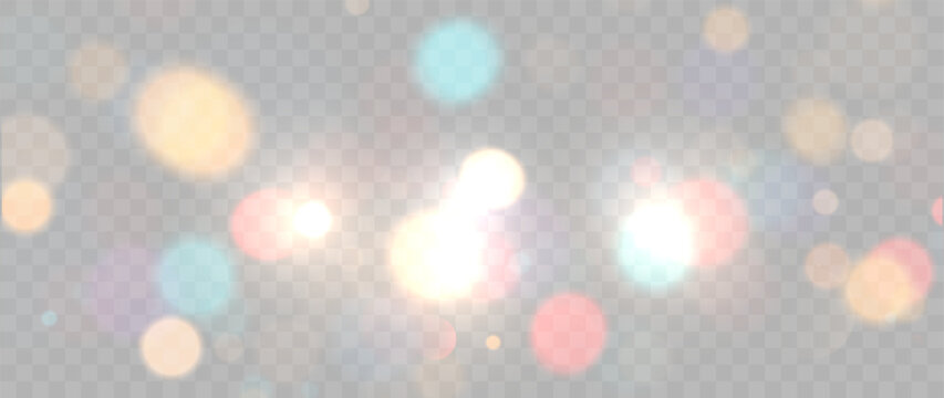 Pastel Colored Bokeh Light Effect with Glowing Blurred Circles Isolated on Transparent Background