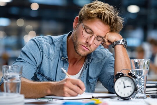 Young man studies intensely at a cafe while battling fatigue at night