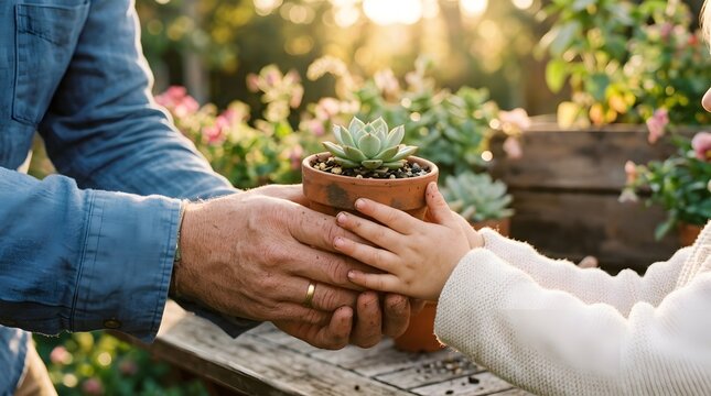 Middle-aged man planting succulent with young child, father and daughter gardening together in spring backyard, perfect for son and daughter day