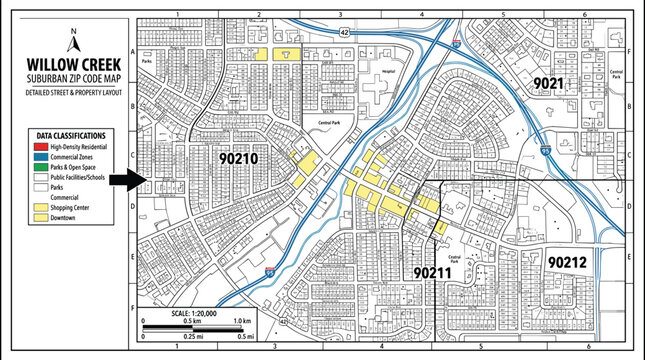 Suburban zip code town map vector template featuring street layout residential zones highway networks and urban planning data