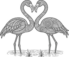 Obraz premium Two flamingo birds forming a heart shape with ornate mandala patterns standing in water for coloring book design