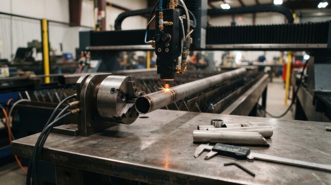 Tube laser cutting setup with fiber laser head, rotary chuck, stainless tubing, deburred cutoffs, and calipers on a steel workbench