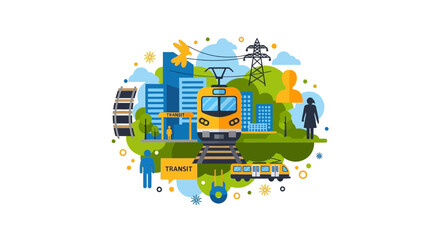 Fototapeta premium Flat Vector Illustration of Urban Public Transit System with Train Cityscape and Commuters for Sustainable Transportation Concept