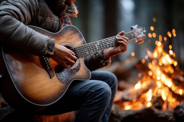 Obraz premium Playing guitar by the campfire during a serene night in the woods