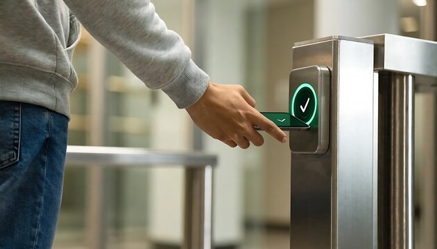 Person using access card at turnstile. Employee scanning badge for secure office entry.