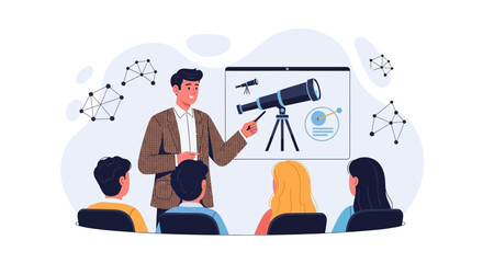 Naklejka premium Astronomy lesson with teacher pointing at telescope on screen and students listening, modern flat illustration with abstract shapes and constellations.