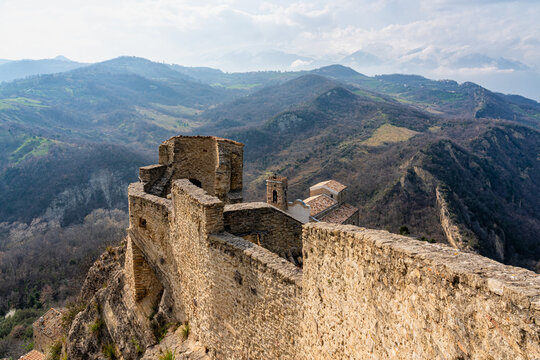 Marvelous sight at Roccascalegna, scenographic castle perched on a rocky hill in the Province of Chieti, Abruzzo, Italy.