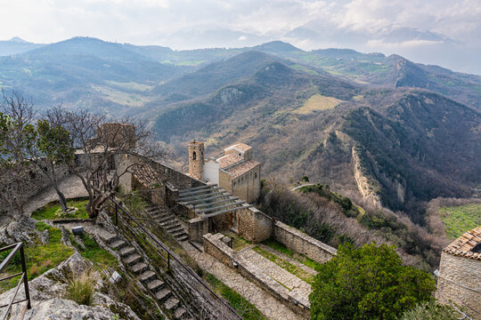 Marvelous sight at Roccascalegna, scenographic castle perched on a rocky hill in the Province of Chieti, Abruzzo, Italy.