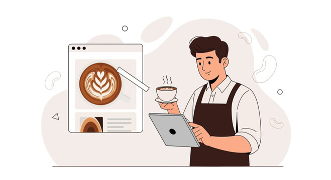 Barista managing cafe orders and coffee art on tablet, modern illustration concept