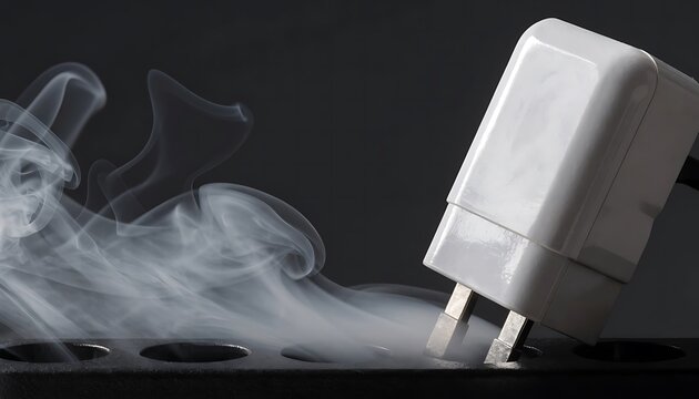 Smoking electrical plug in a power strip. Overheated charger causing a fire hazard risk.