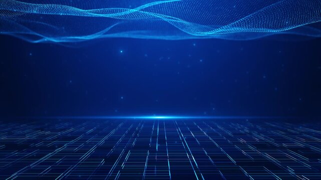 Empty blue technology stage glowing circuit floor, floating particles, flowing wave product launches, corporate presentations, digital exhibitions, science videos, virtual events, software promotions.