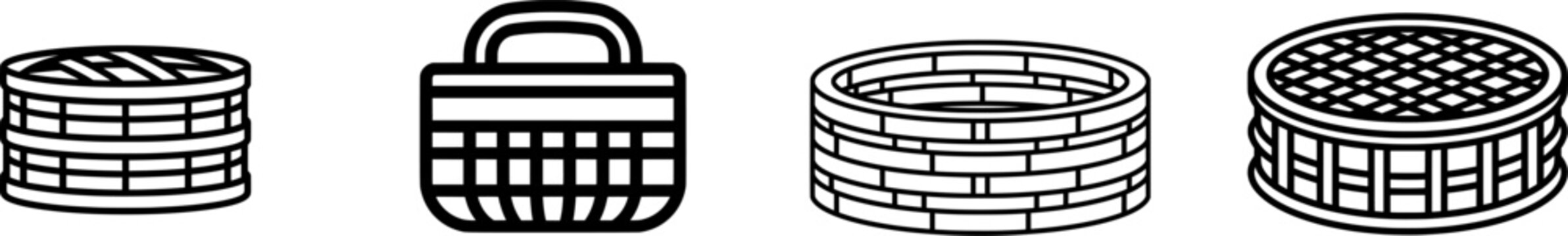 A minimalist black outline icon of a bamboo dim sum steamer basket with thick uniform lines, isolated on a pure white background, showcasing a traditional culinary tool in a modern vector style