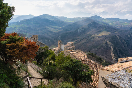 Marvelous sight at Roccascalegna, scenographic castle perched on a rocky hill in the Province of Chieti, Abruzzo, Italy.