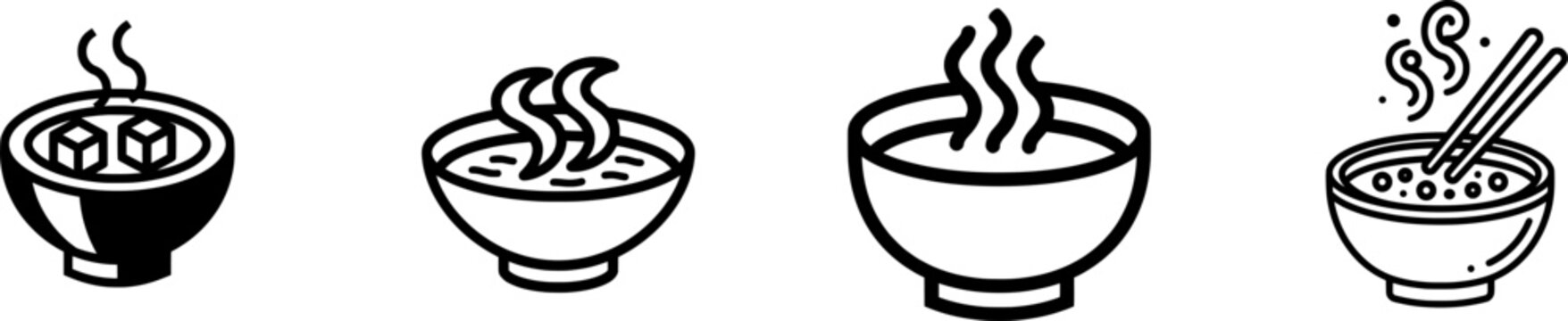 A minimalist black outline icon of a bowl of hot Japanese miso soup with two cubes floating in it, steam rising from the surface, set against a pure white background