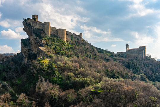 Marvelous sight at Roccascalegna, scenographic castle perched on a rocky hill in the Province of Chieti, Abruzzo, Italy.