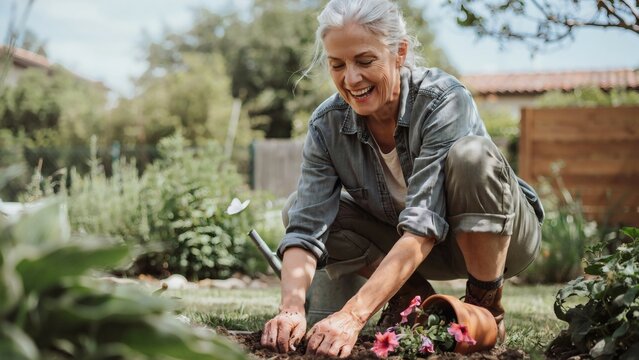 Happy mature woman planting flowers in garden during sunny spring day with while carefully planting captures joyful senior