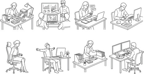 Obraz premium Office Employees Working and Business Meeting Line Art Icon Set Vector Illustration for Corporate Workplace