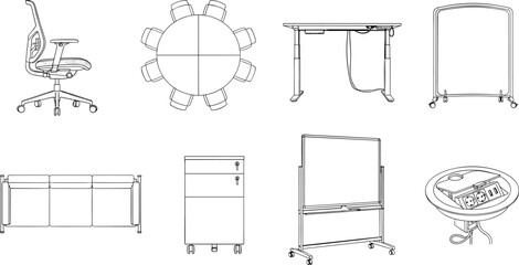 Fototapeta premium Modern Office Furniture and Equipment Line Art Icon Set Vector Illustration for Workspace Design