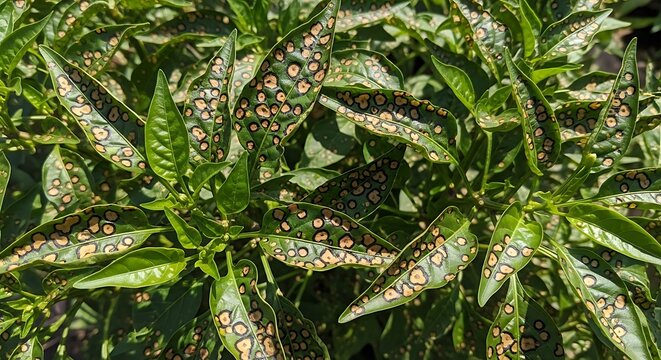 Pepper plant leaves showing signs of bacterial leaf spot disease and damage