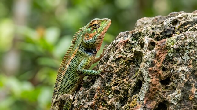 Green lizard basking on mossy rock in sunlight, small reptile resting on natural stone outdoors in warm weather, perfect for world lizard day