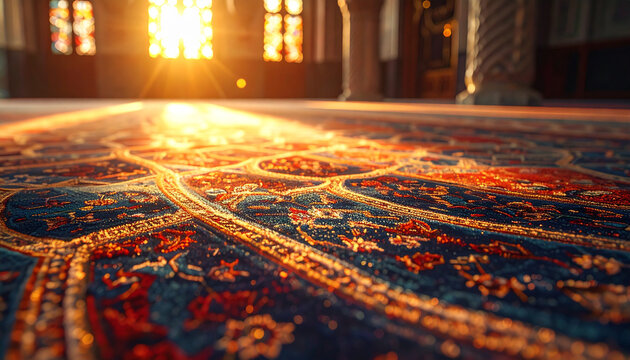 Sunlight streaming through windows onto ornate carpet patterns
